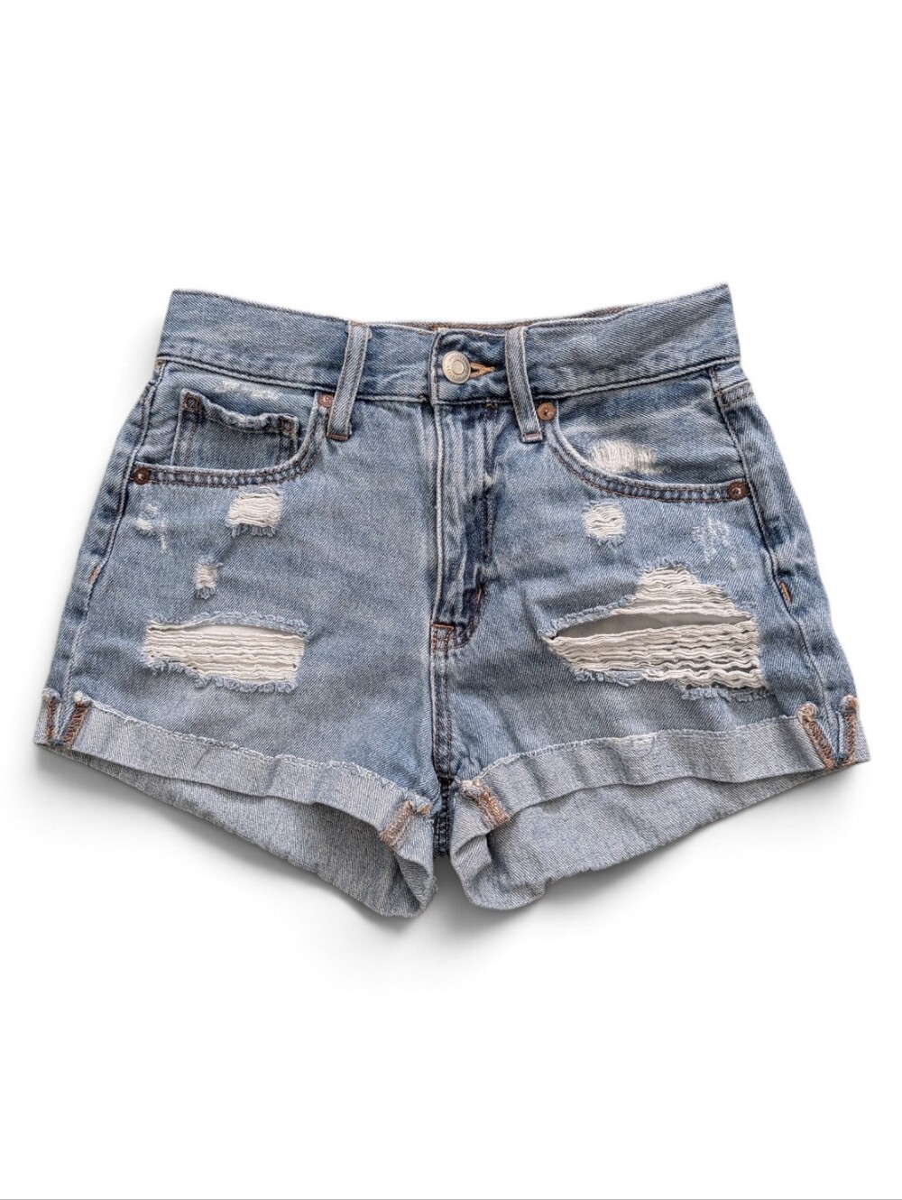 Aeropostale Light Blue Distressed High-Waist Denim Mom Shorts